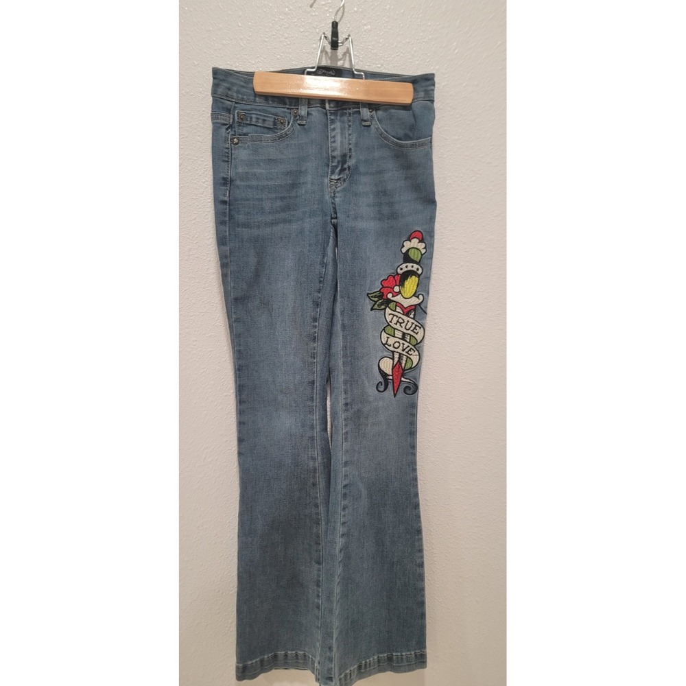 Ed Hardy "True Love" size 24 boot cut Embroidered Medium Wash Jeans
